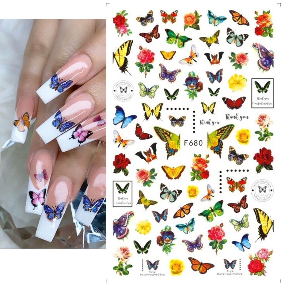 Nails Art Manicure Blue Black Decals Spring Theme Flowers Holographic Butterflies Nail Stickers