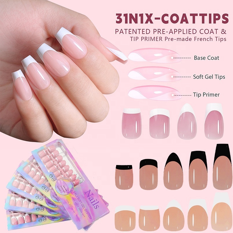 Jelly Gel Soak Off Gel-X Tips Pre-Designed Pink Medium Square Nail Tips Full Cover Gel Press On Nails For Salon