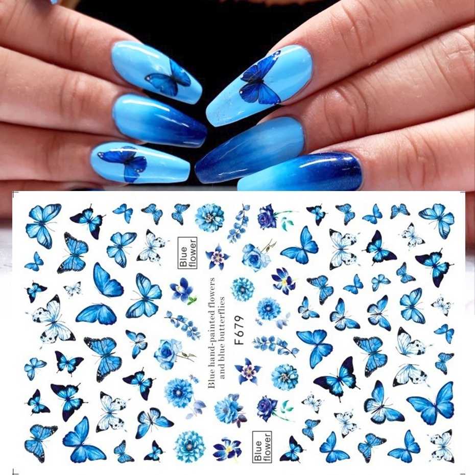 Nails Art Manicure Blue Black Decals Spring Theme Flowers Holographic Butterflies Nail Stickers