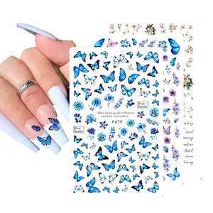 Nails Art Manicure Blue Black Decals Spring Theme Flowers Holographic Butterflies Nail Stickers