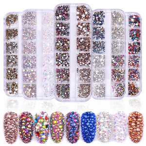 12 Grids Colorful Crystal 3D DIY Nails Art Decorations Acrylic Nail Stones Shiny Flat Drill Glitter Stone Nail Art Rhinestones