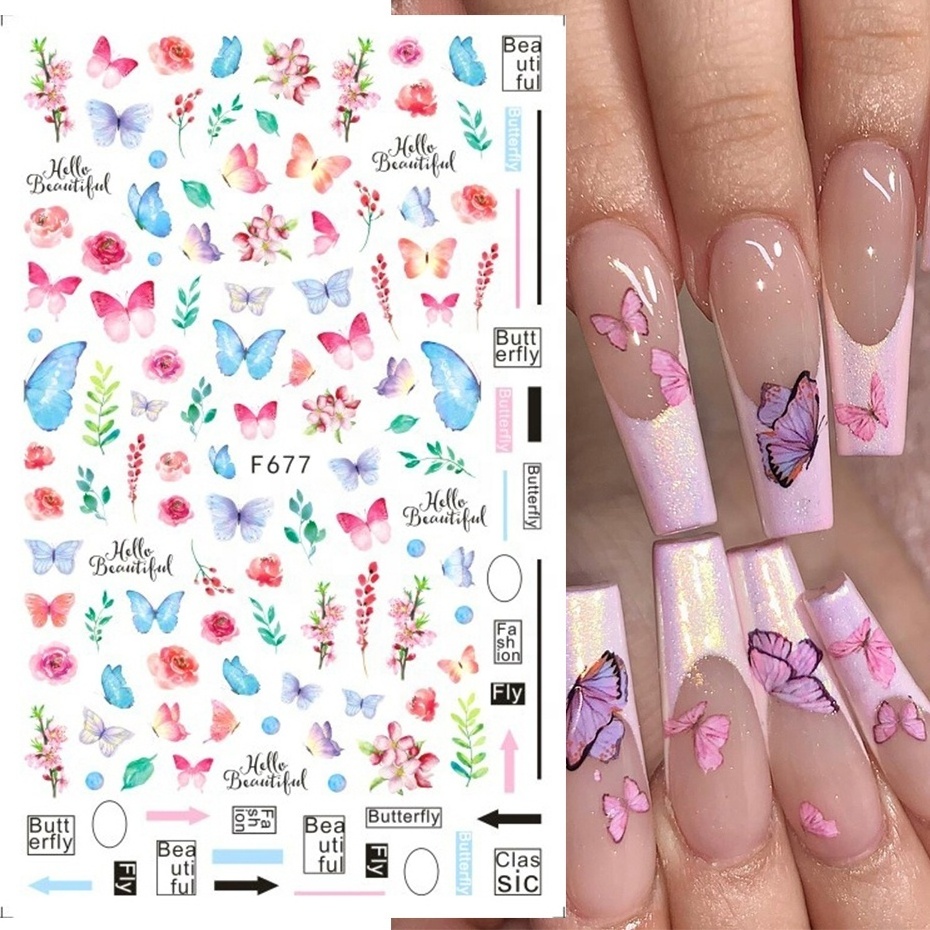 Nails Art Manicure Blue Black Decals Spring Theme Flowers Holographic Butterflies Nail Stickers