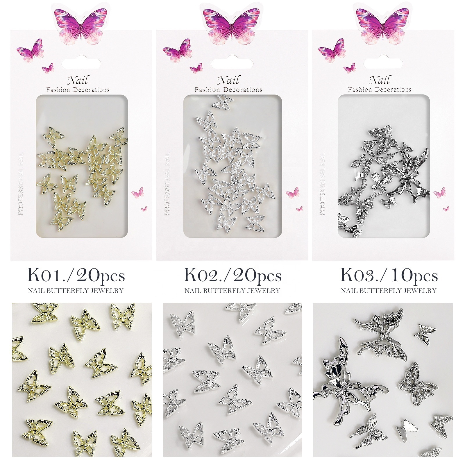 Hot Sale Butterfly 3D Nail Art Decoration 20pcs Bag DIY  Alloy Luxury Accessories Butterfly Charms For Nails