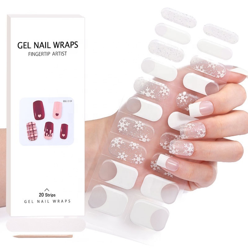 Wholesale Hot Sales Eco-friendly Adhesive Gel Nail Sticker UV Semi Custom Cured Gel Nail 20 Stickers Semi Cured Gel Nail Wrap