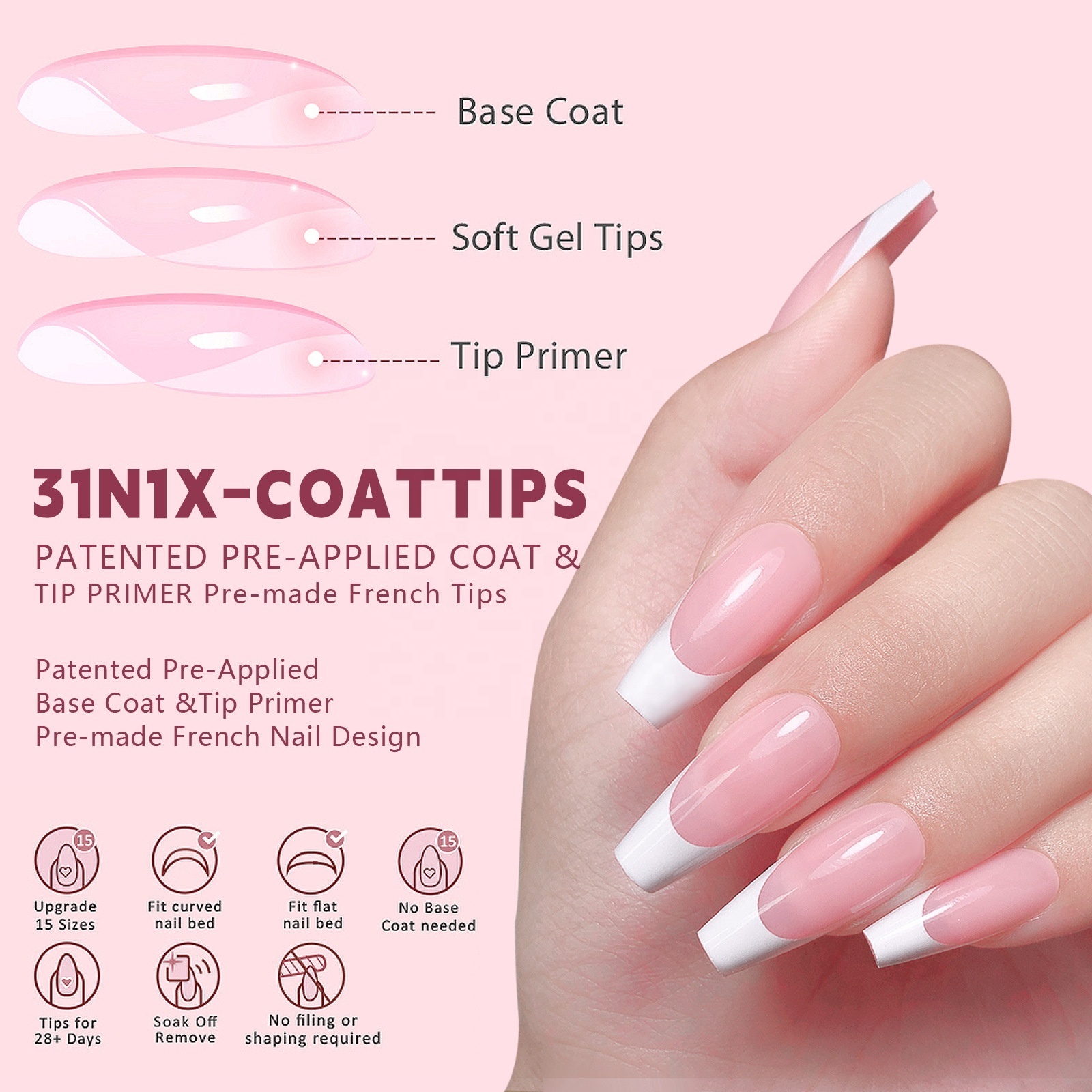 Wholesale Easy Apply 3 In 1 French Soft Gel X Coat Tips Handmade Fake Nails Press On Gel X Extension Soft Gel Press On Nails