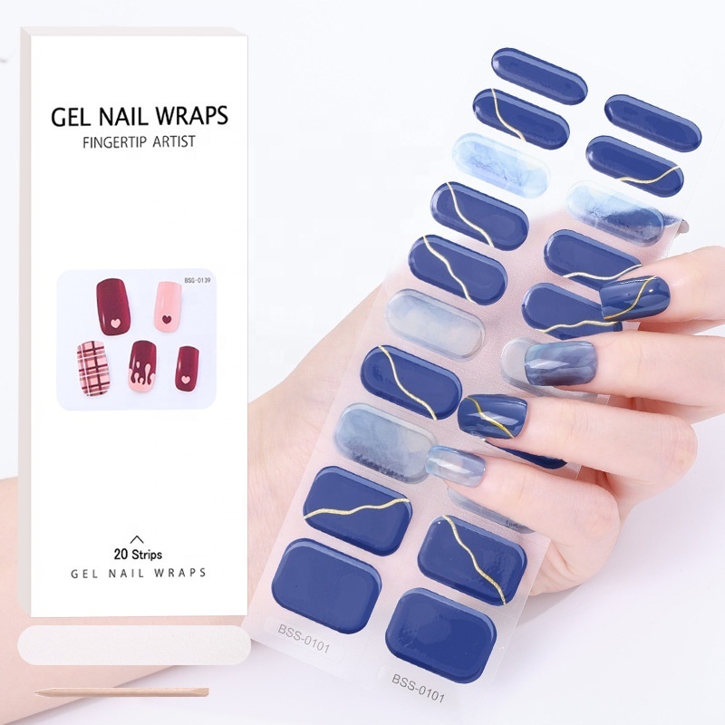 Wholesale Hot Sales Eco-friendly Adhesive Gel Nail Sticker UV Semi Custom Cured Gel Nail 20 Stickers Semi Cured Gel Nail Wrap