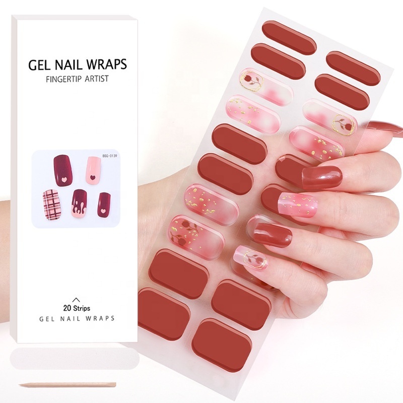 Wholesale Hot Sales Eco-friendly Adhesive Gel Nail Sticker UV Semi Custom Cured Gel Nail 20 Stickers Semi Cured Gel Nail Wrap