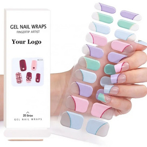 Wholesale Hot Sales Eco-friendly Adhesive Gel Nail Sticker UV Semi Custom Cured Gel Nail 20 Stickers Semi Cured Gel Nail Wrap