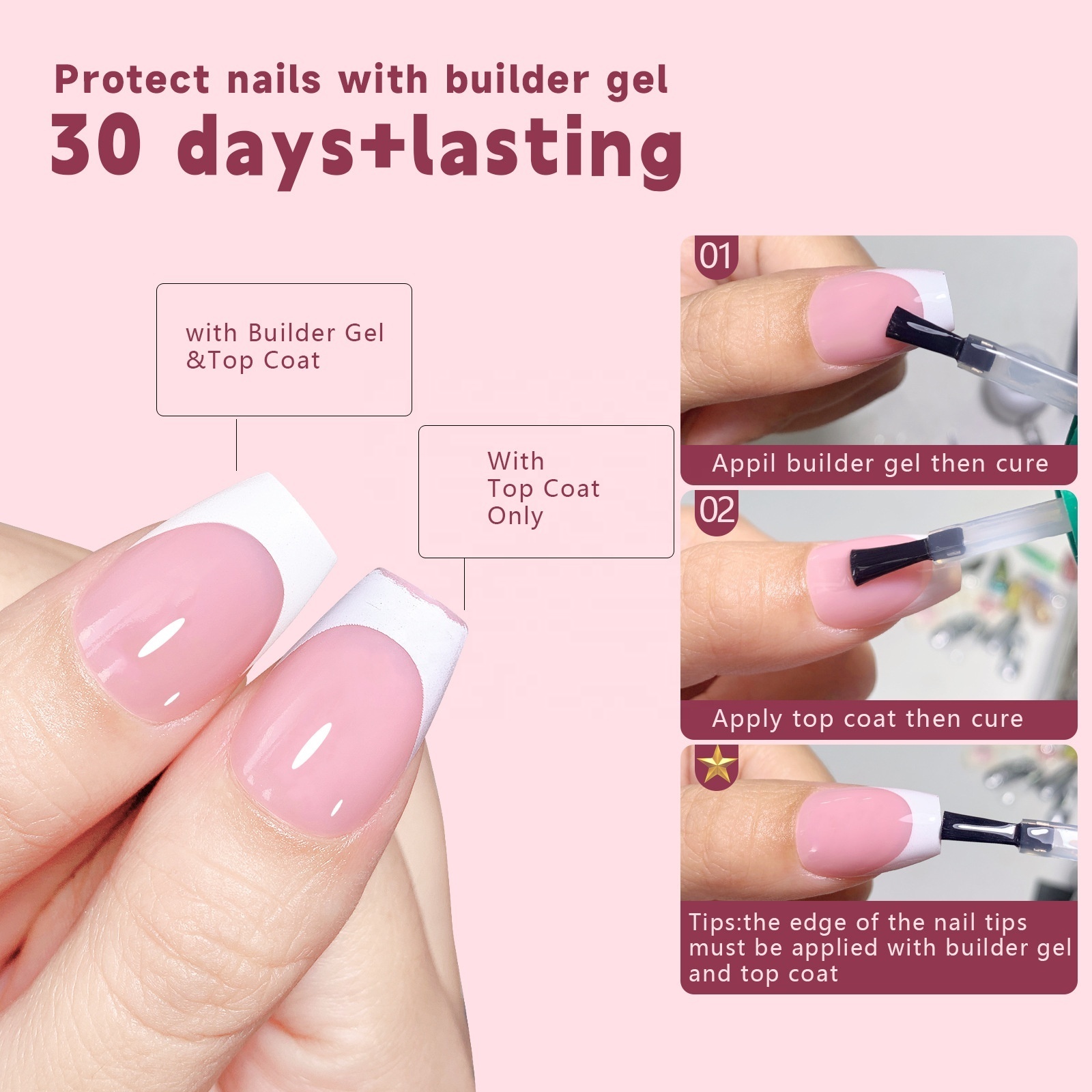 Wholesale Easy Apply 3 In 1 French Soft Gel X Coat Tips Handmade Fake Nails Press On Gel X Extension Soft Gel Press On Nails