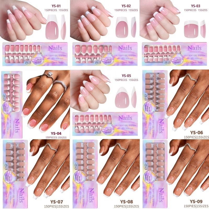 Wholesale Easy Apply 3 In 1 French Soft Gel X Coat Tips Handmade Fake Nails Press On Gel X Extension Soft Gel Press On Nails