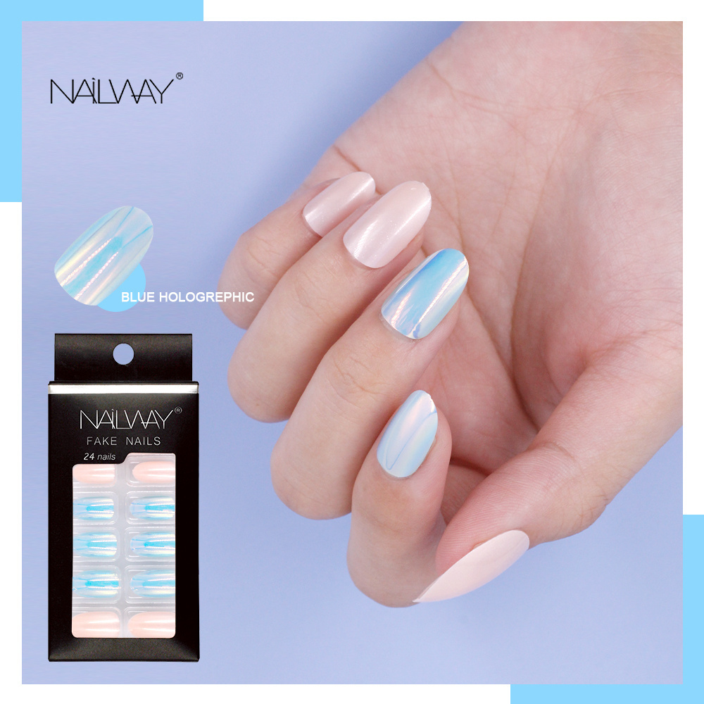 Factory ABS Artificial Nail Tips Mirror 3D Holographic Finger Nails Oval Shape Aurora Shiny Press On False Nails No Glue