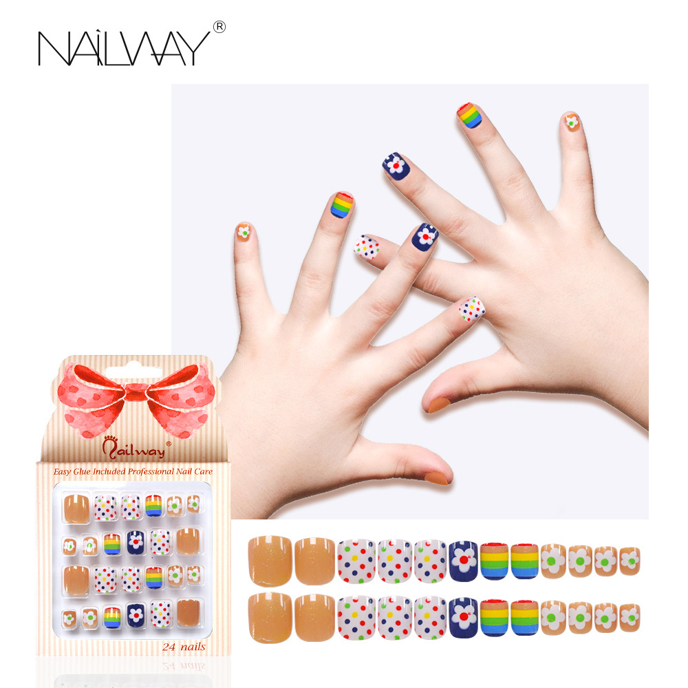 High Quality Rainbow Colorful Kids Press On Nails Glitter Gel Ready To Wear Glue On Fake Nails For Girls