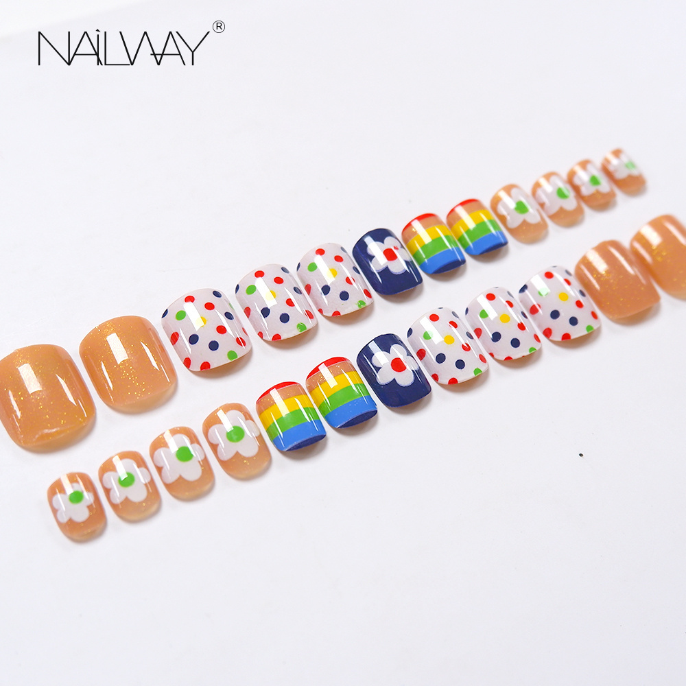 High Quality Rainbow Colorful Kids Press On Nails Glitter Gel Ready To Wear Glue On Fake Nails For Girls