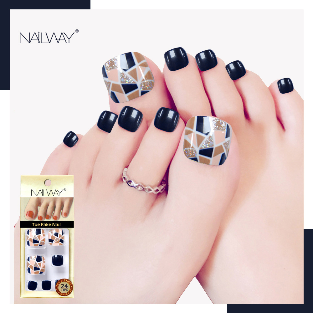 Nailway High Quality Luxury Black False Toe Nails Designed Press on Nails Toe Nails With Packaging Box