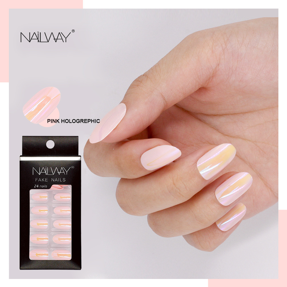 Factory ABS Artificial Nail Tips Mirror 3D Holographic Finger Nails Oval Shape Aurora Shiny Press On False Nails No Glue