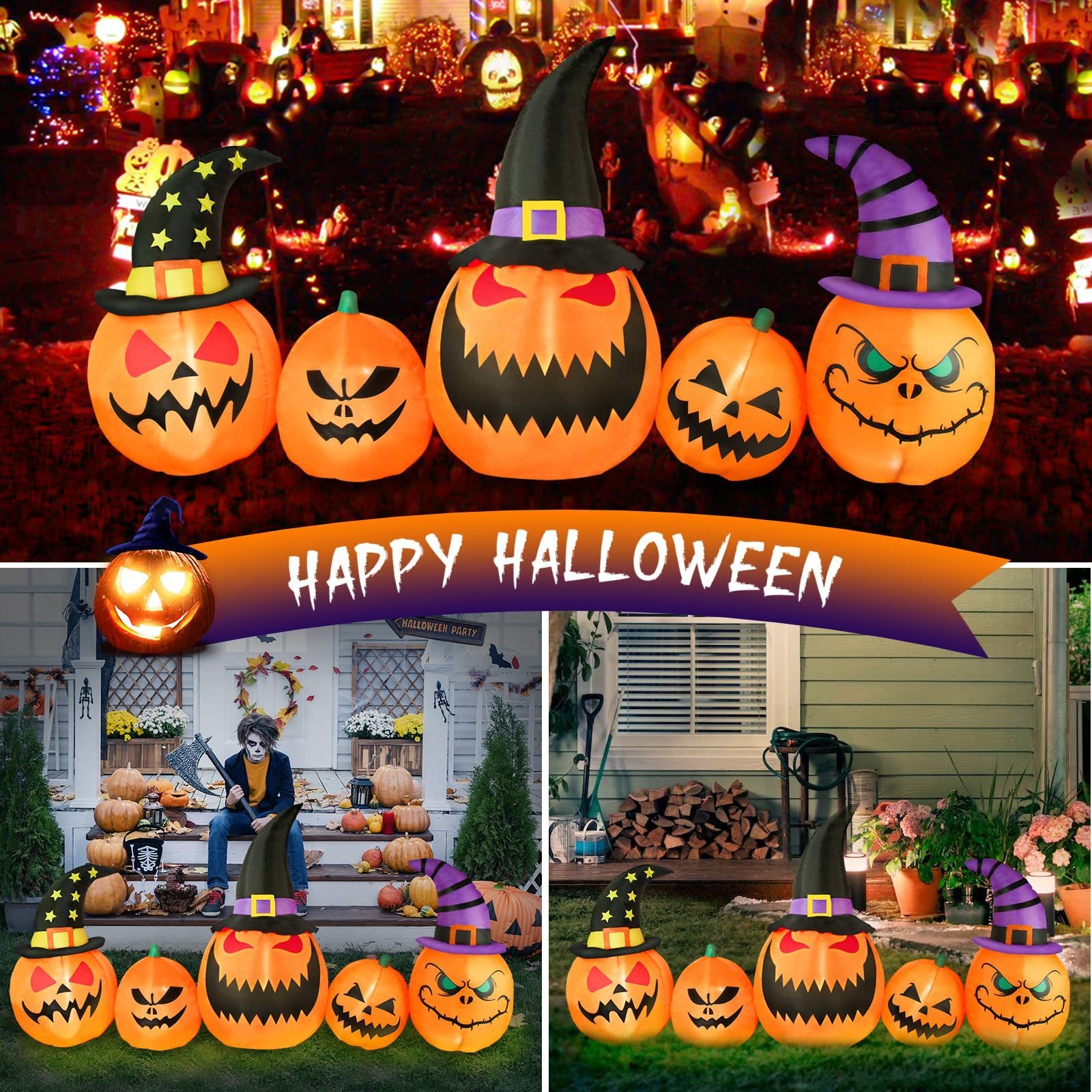 Halloween Inflatables Outdoor Pumpkin Combo Blow up Yard Decoration Clearance with LED Lights