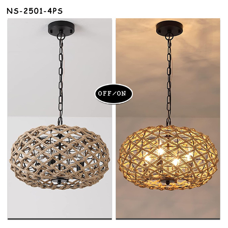 Chandelier Vintage Hemp Rope Woven Hemp Rope Coastal Fixture 4 Lights Wicker Hanging For Dining Kitchen Pendant Lights Lamps