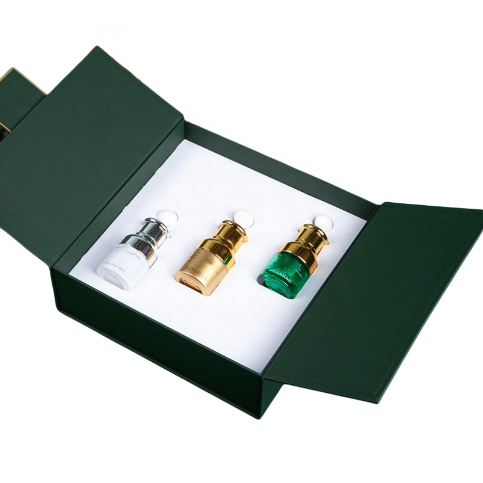 Custom Design Green Double Door Packaging Box 30ml Perfume Bottle Oil Perfume Magnetic Gift Box