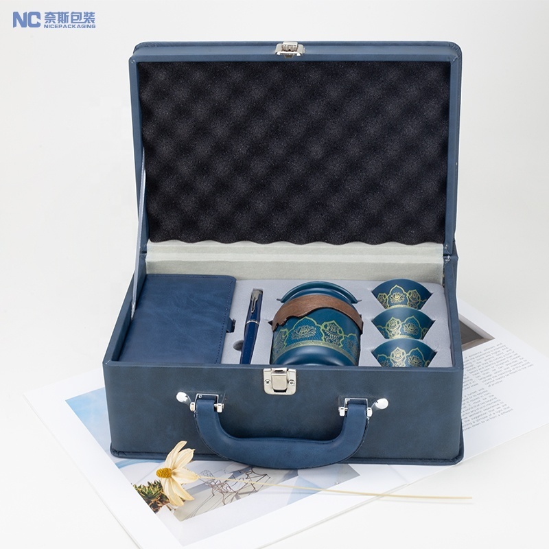 Custom Luxury Leather Suitcase Gift Trunk Packaging Box Briefcase Tea Cup Set Gift Box Promotional Business Gifts Packaging