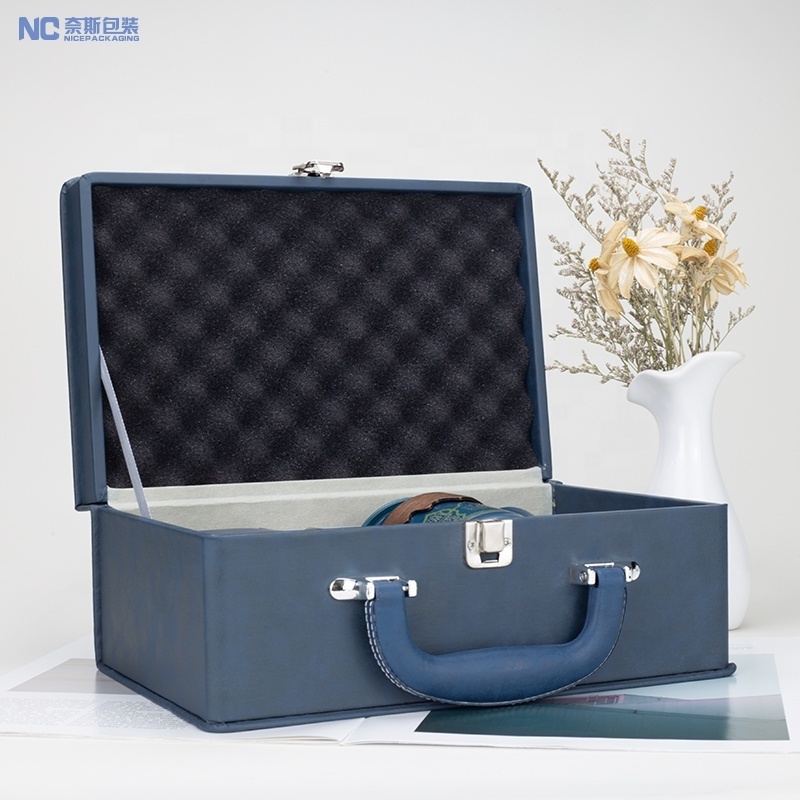 Custom Luxury Leather Suitcase Gift Trunk Packaging Box Briefcase Tea Cup Set Gift Box Promotional Business Gifts Packaging