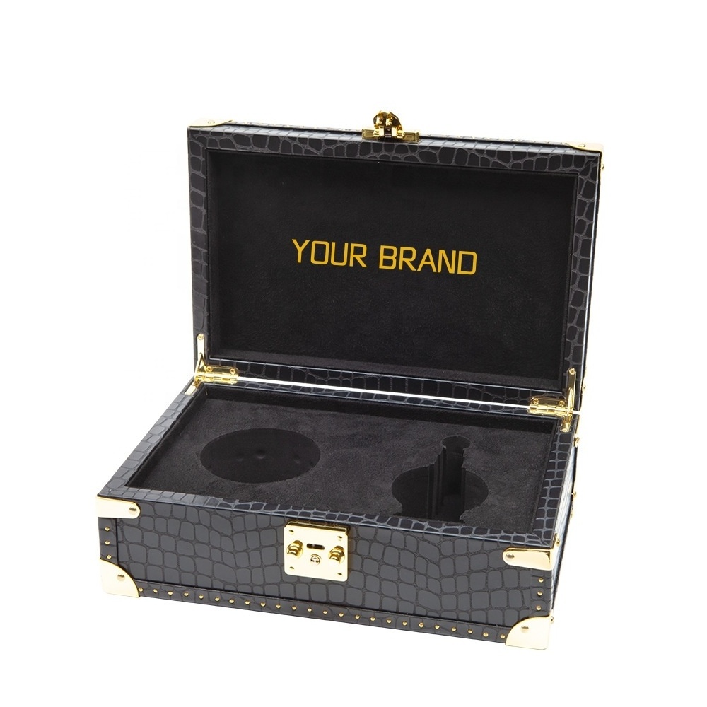 Custom Logo Luxury Crocodile Skin MDF Makeup Sets Wooden Cosmetic Box Pu Leather  Perfume Box Packaging With  Metal Latch