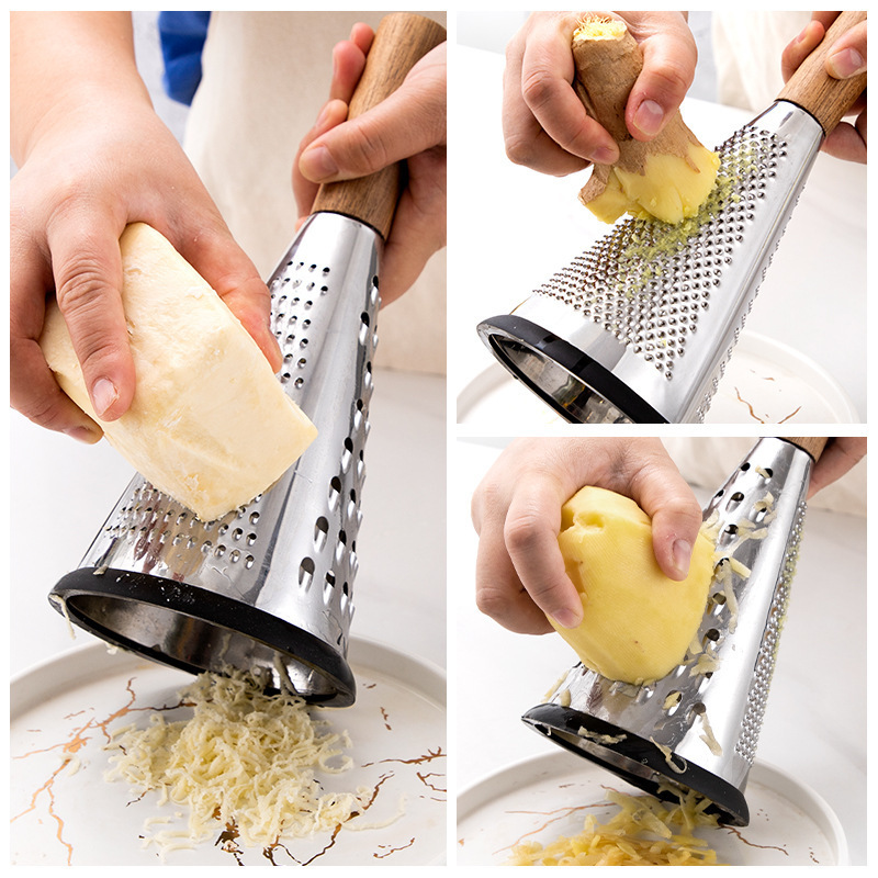 Hot Sale Cone Vegetable Cheese Potato Grater Kitchen 3-Sided Cone Multifunction Grater with Wooden Handle