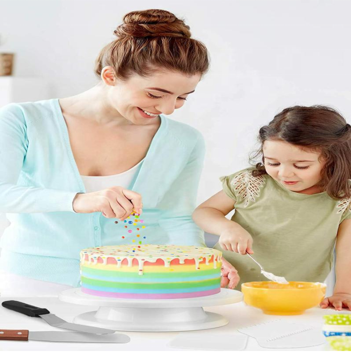 Rotating Cake Turntable 3Pcs Comb Icing Smoother Straight Offset Spatula and Cake Leveler for Cake Decorations Pastries