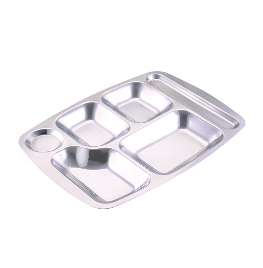 304 Stainless Steel 6 Sections Compartment Rectangular Divided Dinner Plate Food Tray Plate