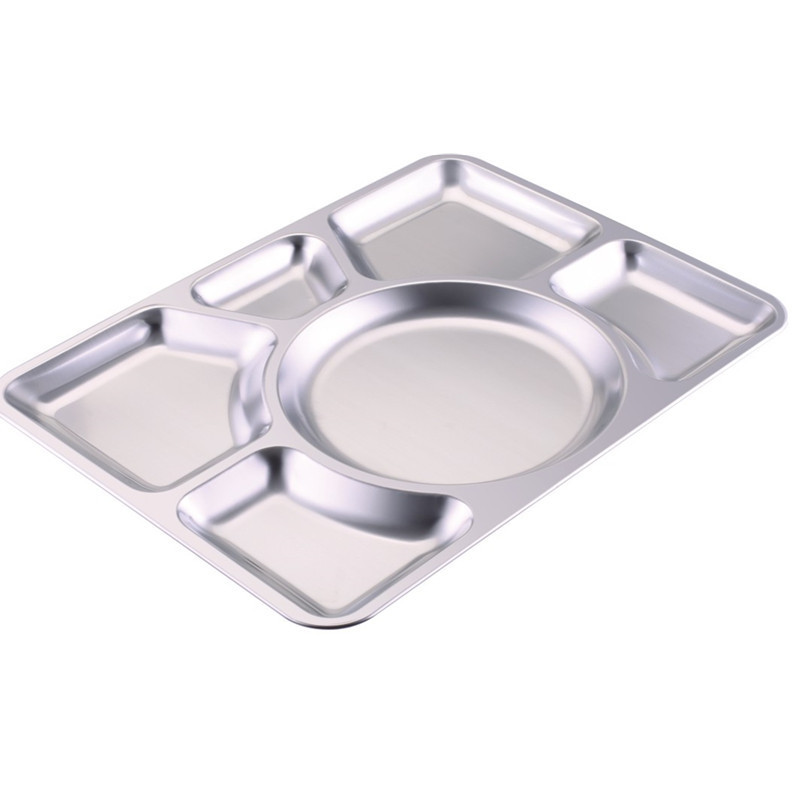 304 Stainless Steel 6 Sections Compartment Rectangular Divided Dinner Plate Food Tray Plate