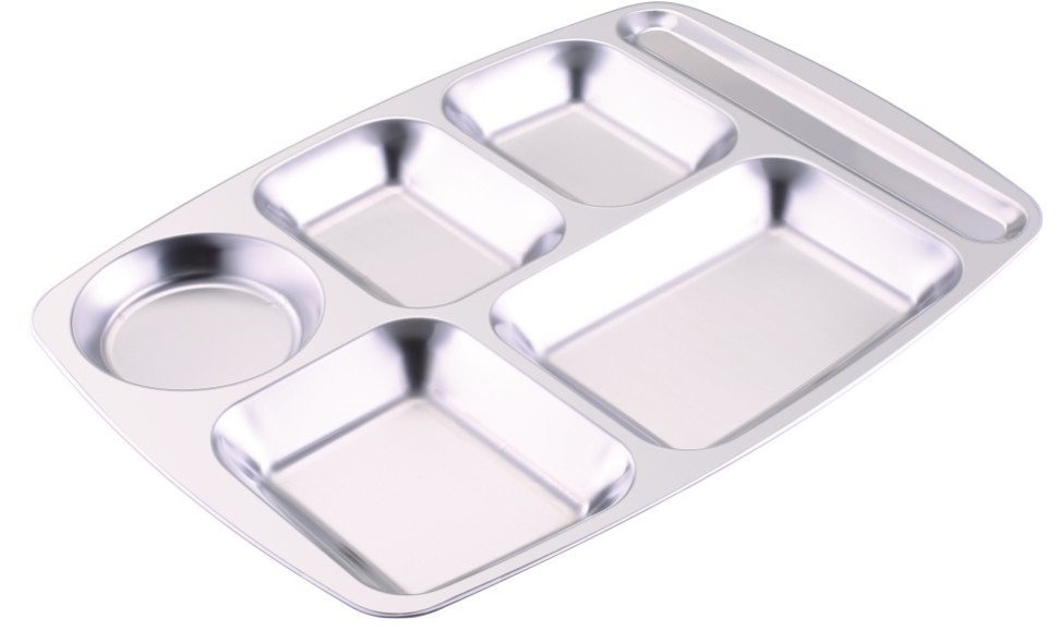 304 Stainless Steel 6 Sections Compartment Rectangular Divided Dinner Plate Food Tray Plate