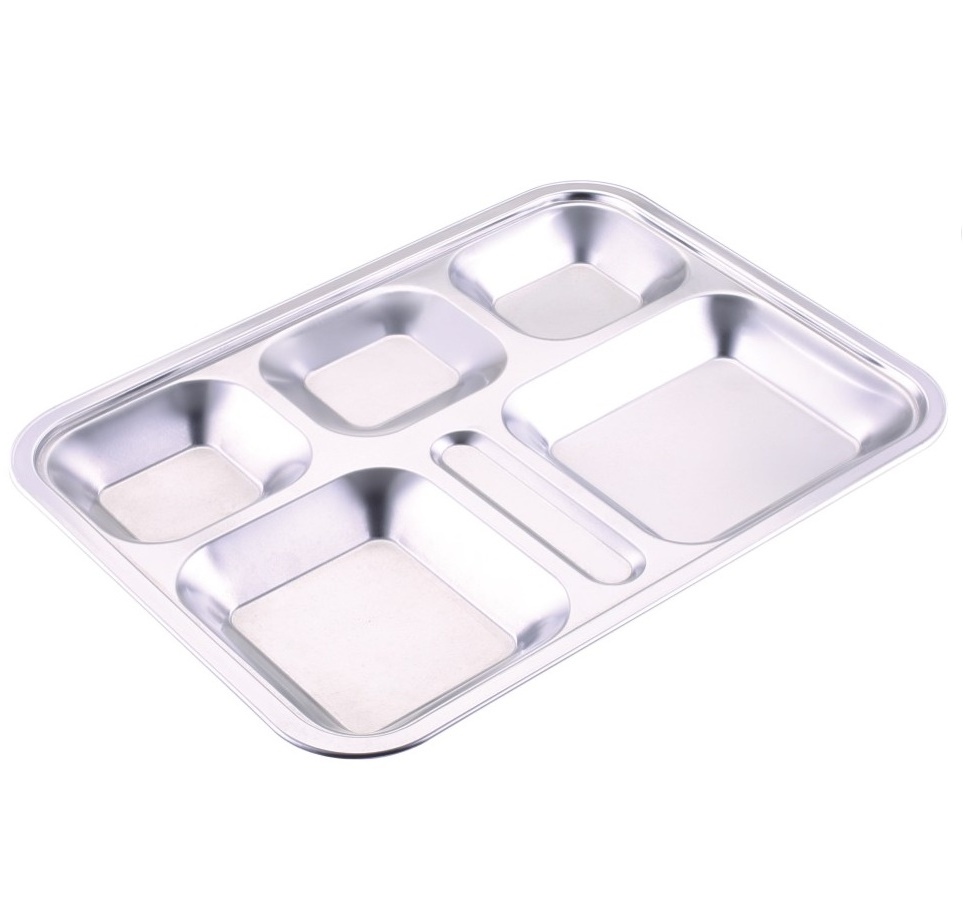 304 Stainless Steel 6 Sections Compartment Rectangular Divided Dinner Plate Food Tray Plate