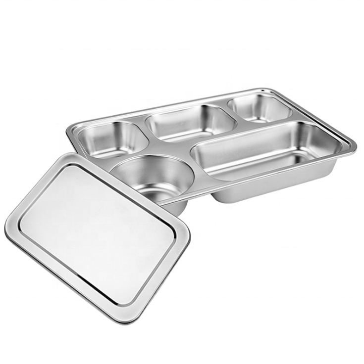 201 Stainless Steel 5 Compartments/ Section (4 Rectangle + 1 Round) Rectangle Dinner Fast Food Plates Tray Thali Price