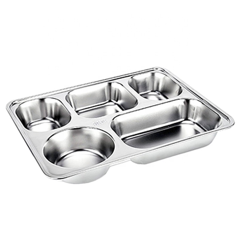 201 Stainless Steel 5 Compartments/ Section (4 Rectangle + 1 Round) Rectangle Dinner Fast Food Plates Tray Thali Price