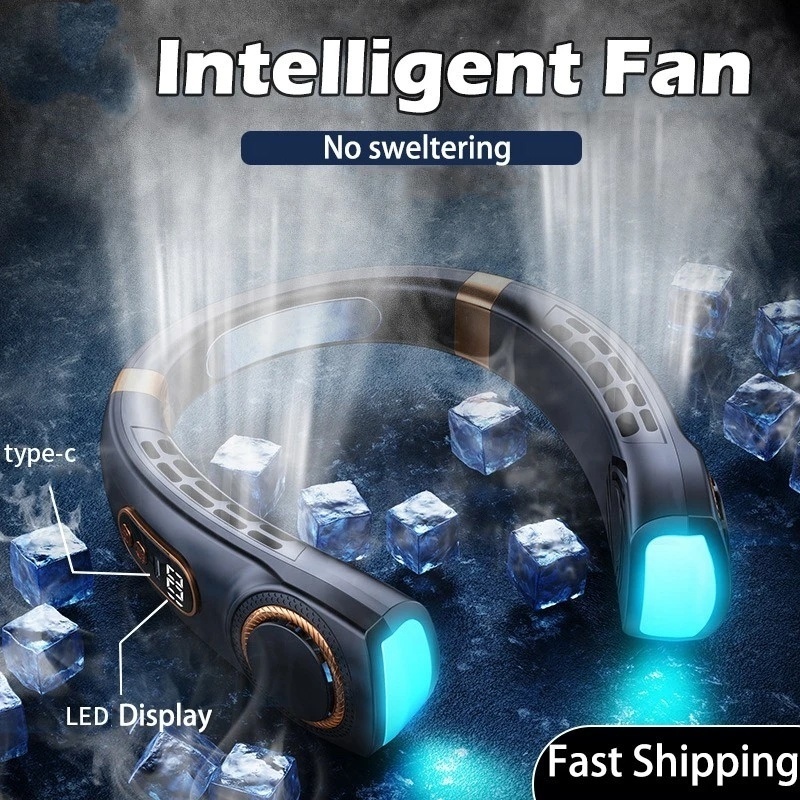 Portable L29 Neck Fan with led Light USB rechargeable Digital Leafless Electric hanging Colorful Lights 5th Gear Wind Fans