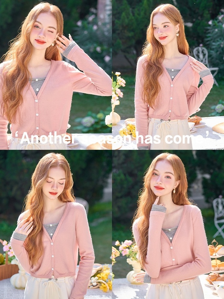 2024 Women's Spring Summer  Pink V-neck sweater  two-piece knitted sweater Korean sweet design sweater