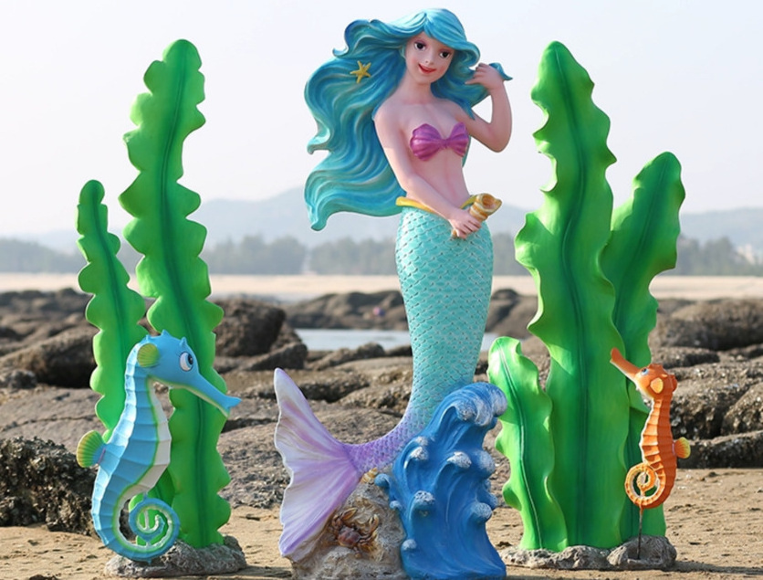 Outdoor Park Life Size Playground Garden Decorative Fiberglass Animal Sculpture Amusement Park Realistic Sea Mermaid Statue