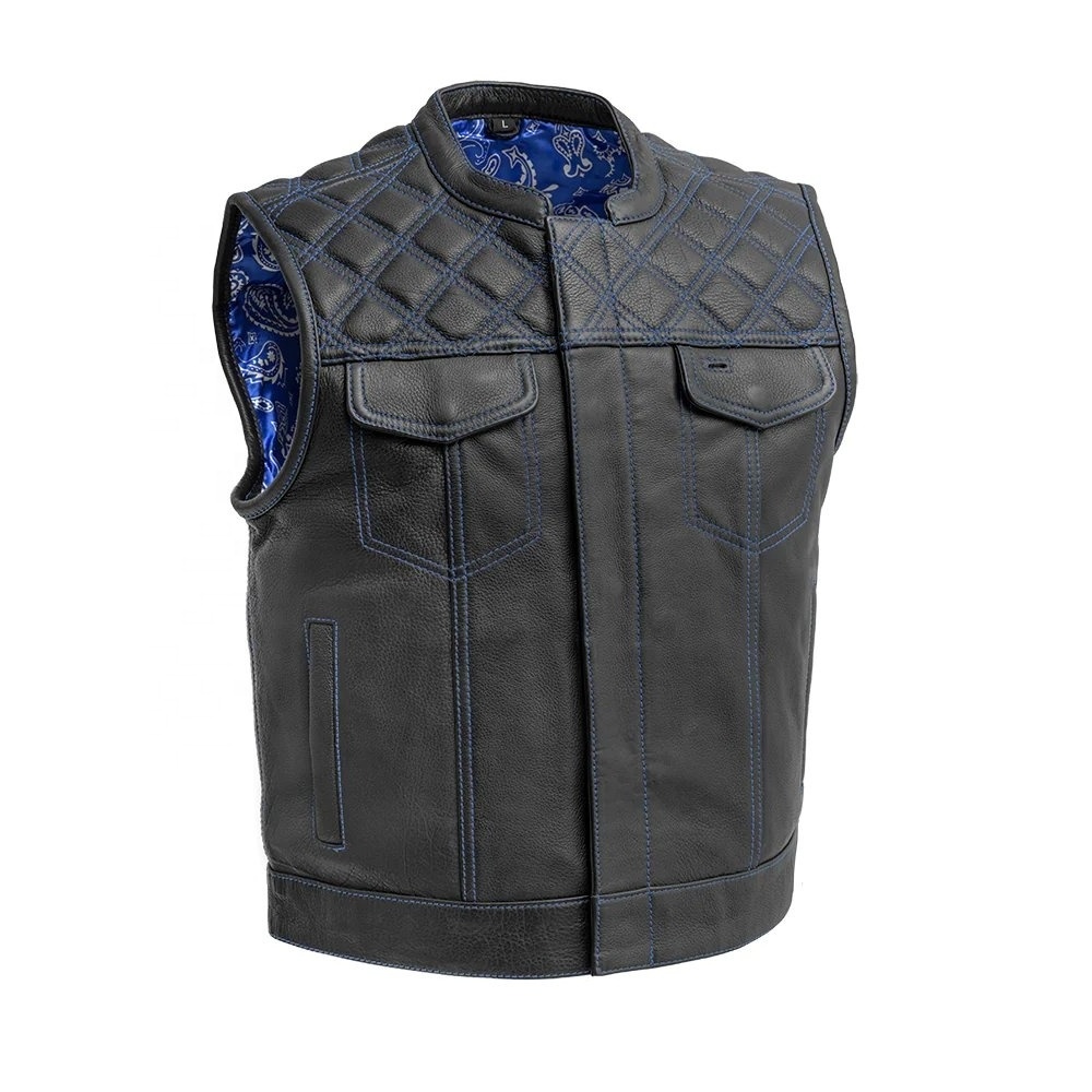 Club Style Men Black Blue Cowboy Vest Light Brown Leather Biker Vest Motorcycle Motor Bike Vest