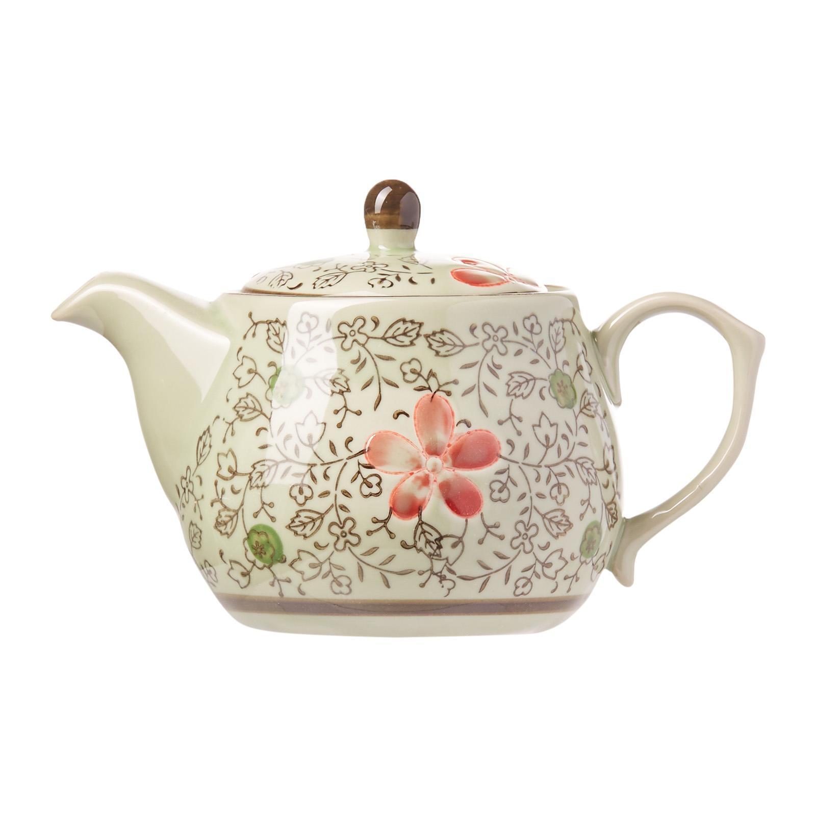 Low MOQ Size L17.5 W11cm Red Blossom 16.5 Oz Porcelain Round Belly Tea Pot With Stainless Steel Strainer