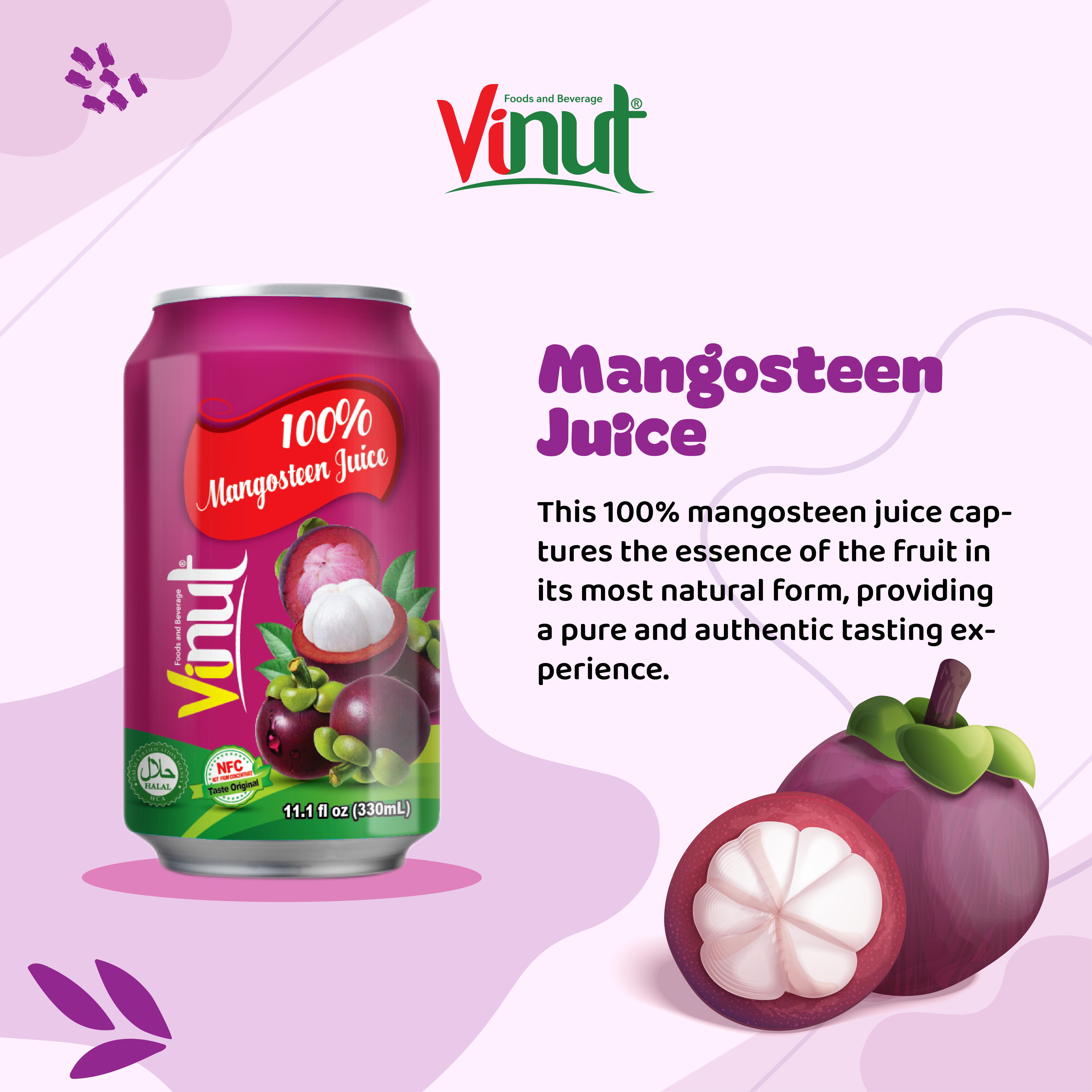 Hot juice Vinut 330ml 100% Mangosteen juice never from concentrate (NFC juice) from a factory Viet Nam (OEM, ODM)