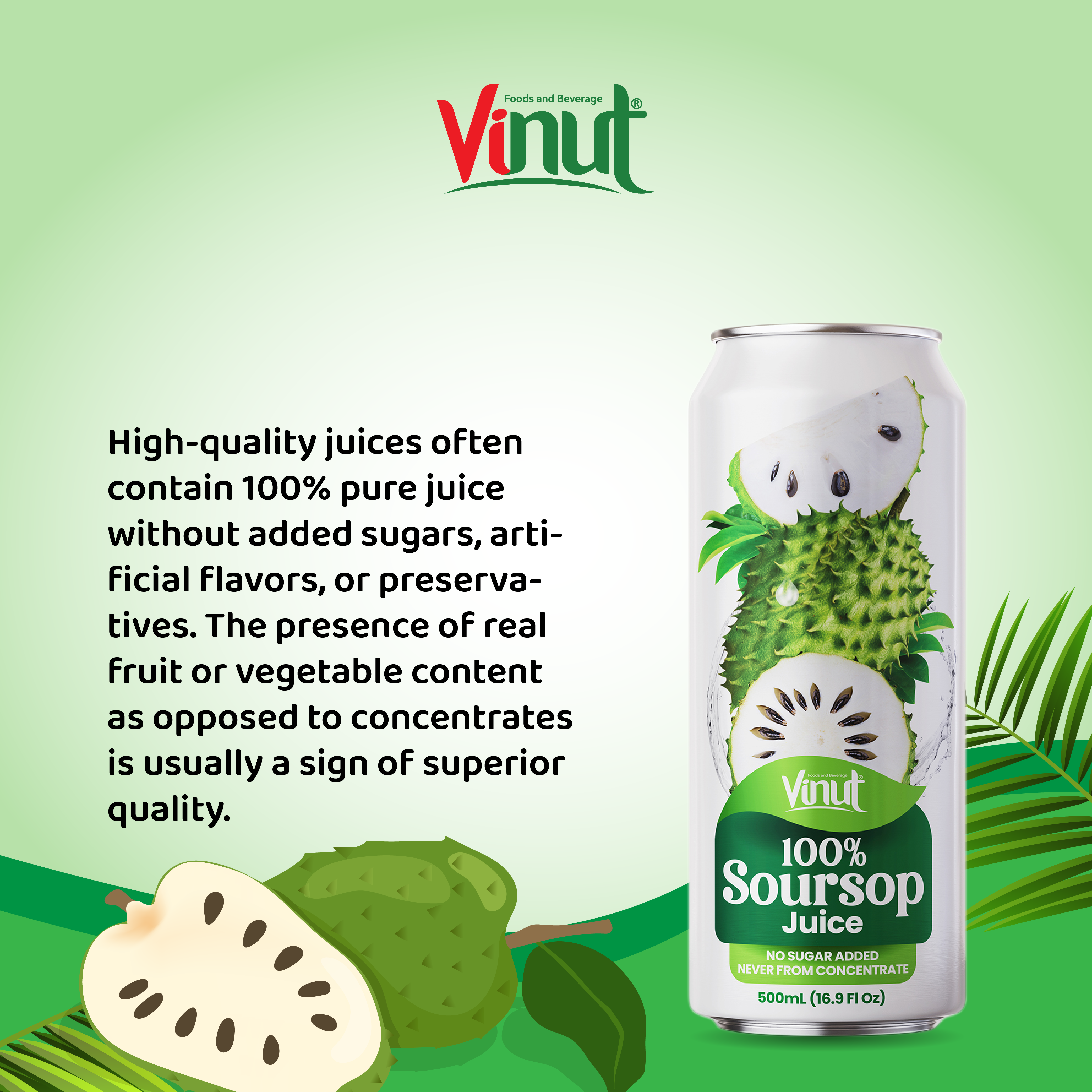 500ml VINUT NFC 100% Pure Soursop Juice Drink  No Sugar Added, Free Sample, Ready To Ship (OEM, ODM)