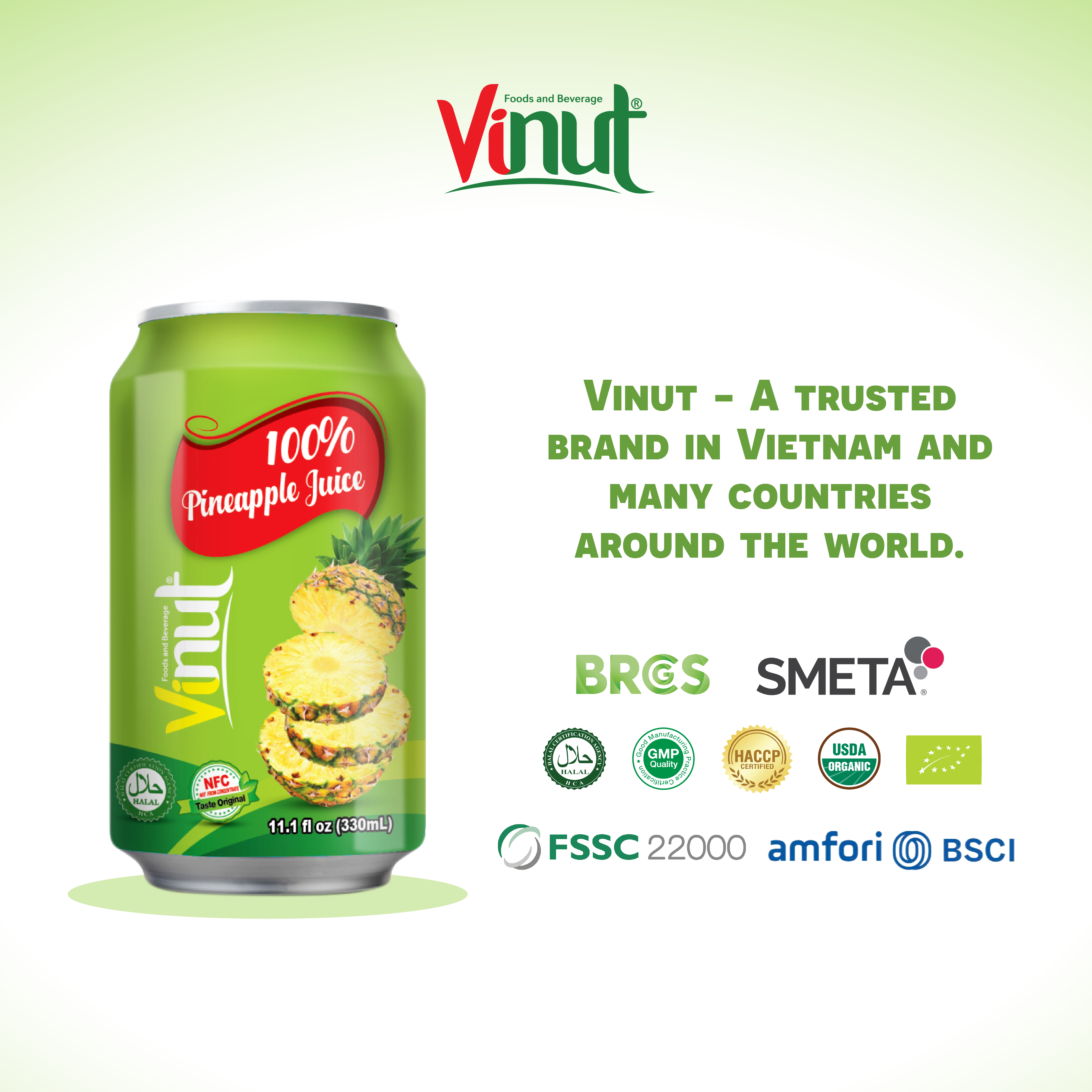 Hot drink Vinut 330ml 100% Pineapple juice never from concentrate (NFC juice) from a factory Viet Nam (OEM, ODM)