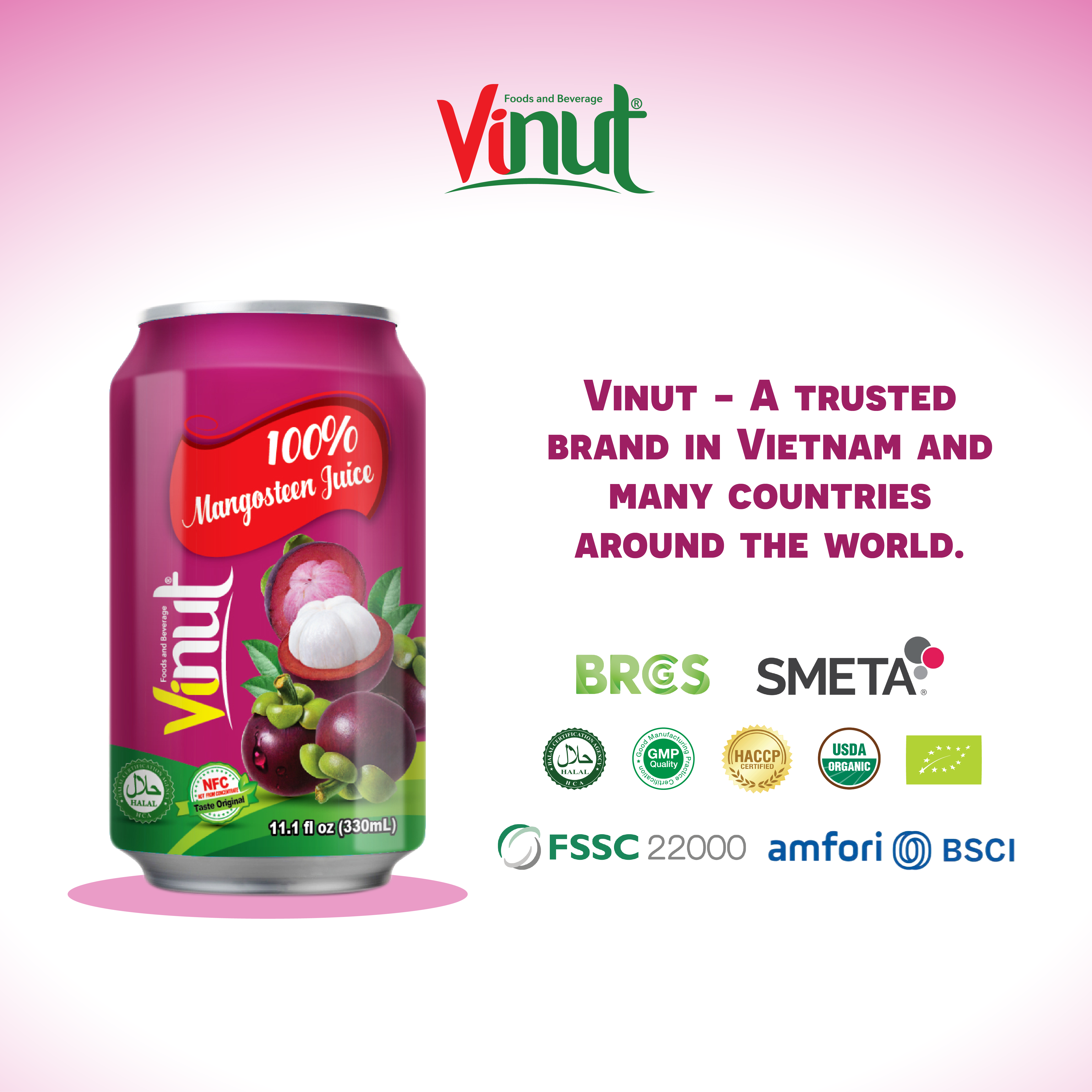 Hot juice Vinut 330ml 100% Mangosteen juice never from concentrate (NFC juice) from a factory Viet Nam (OEM, ODM)