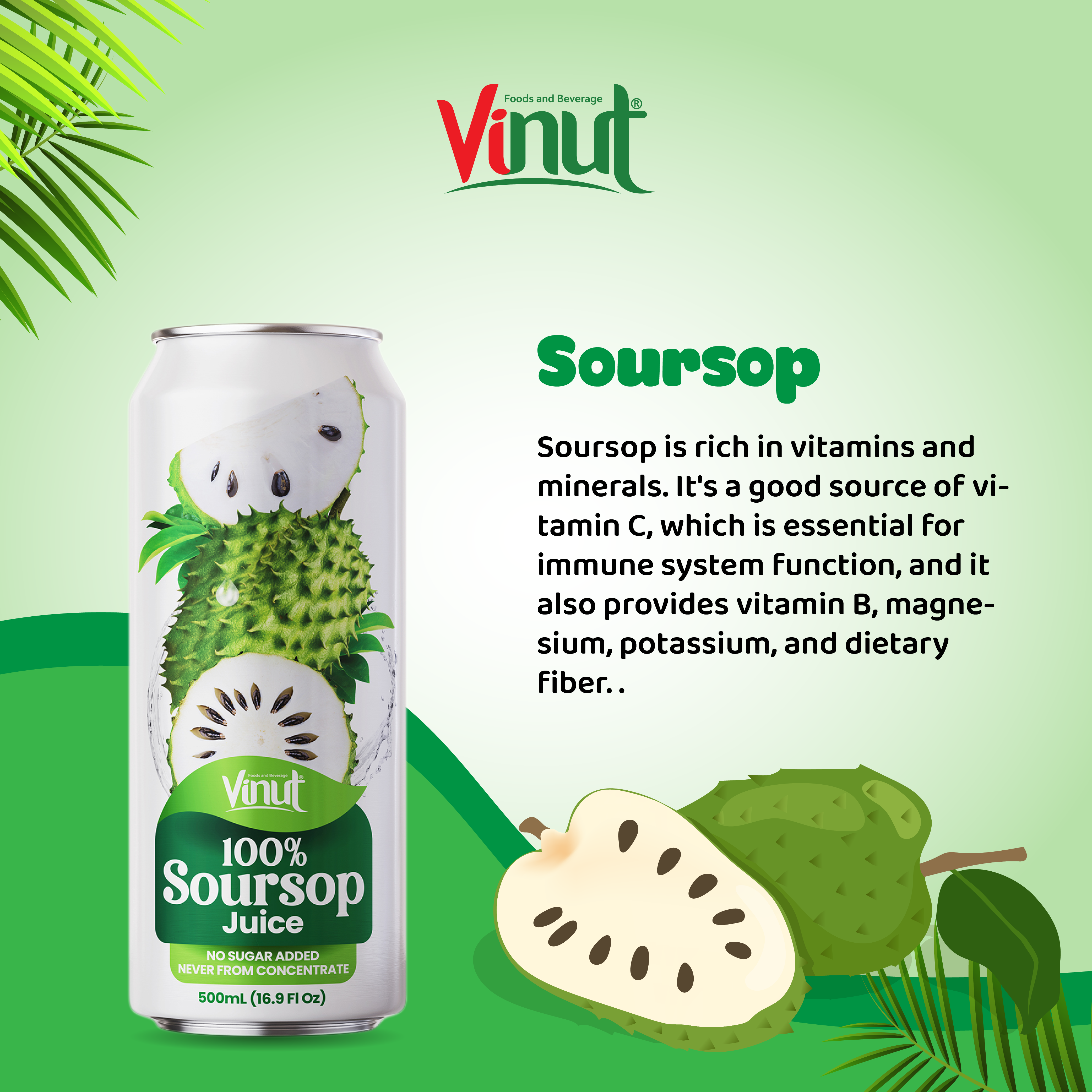 500ml VINUT NFC 100% Pure Soursop Juice Drink  No Sugar Added, Free Sample, Ready To Ship (OEM, ODM)