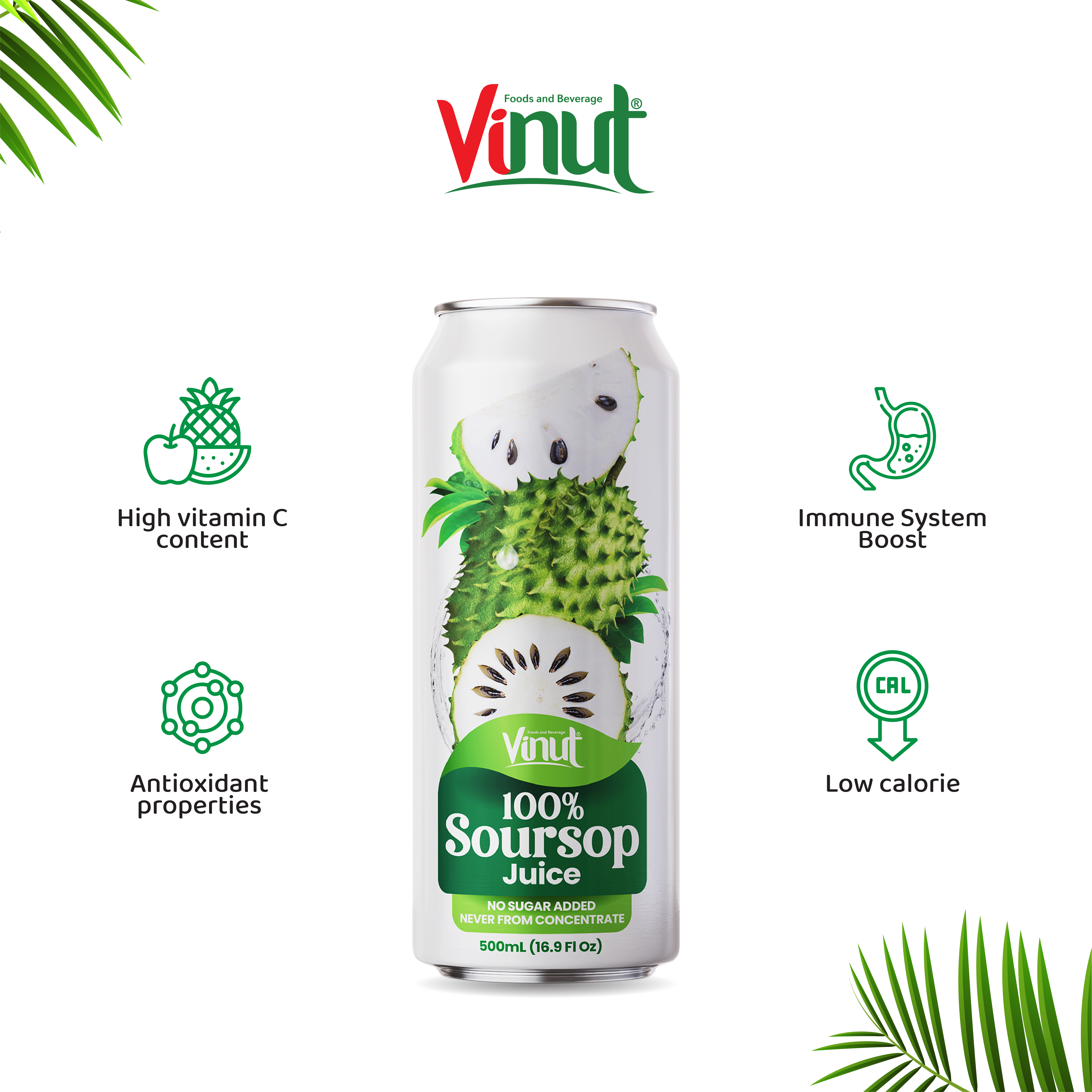 500ml VINUT NFC 100% Pure Soursop Juice Drink  No Sugar Added, Free Sample, Ready To Ship (OEM, ODM)