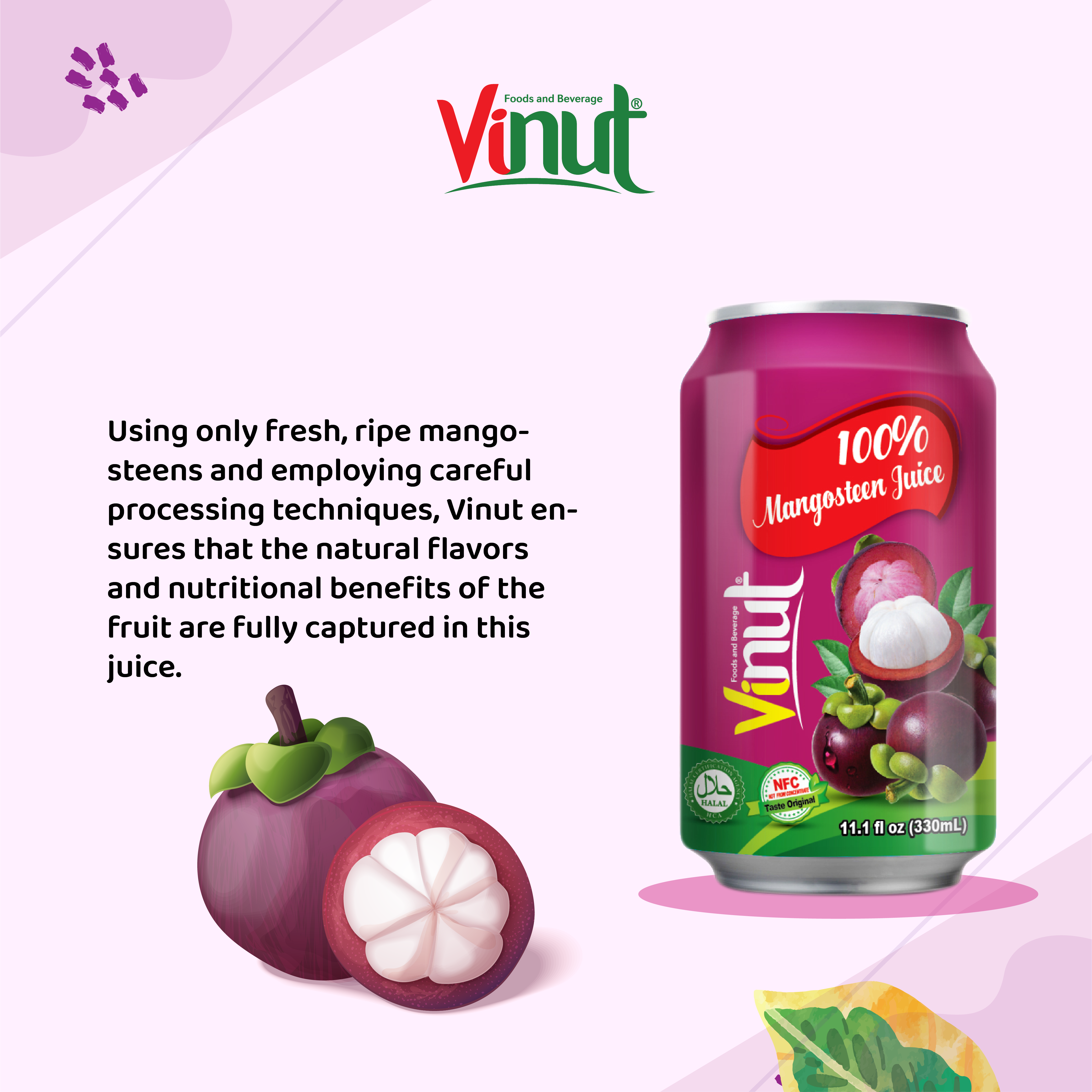 Hot juice Vinut 330ml 100% Mangosteen juice never from concentrate (NFC juice) from a factory Viet Nam (OEM, ODM)