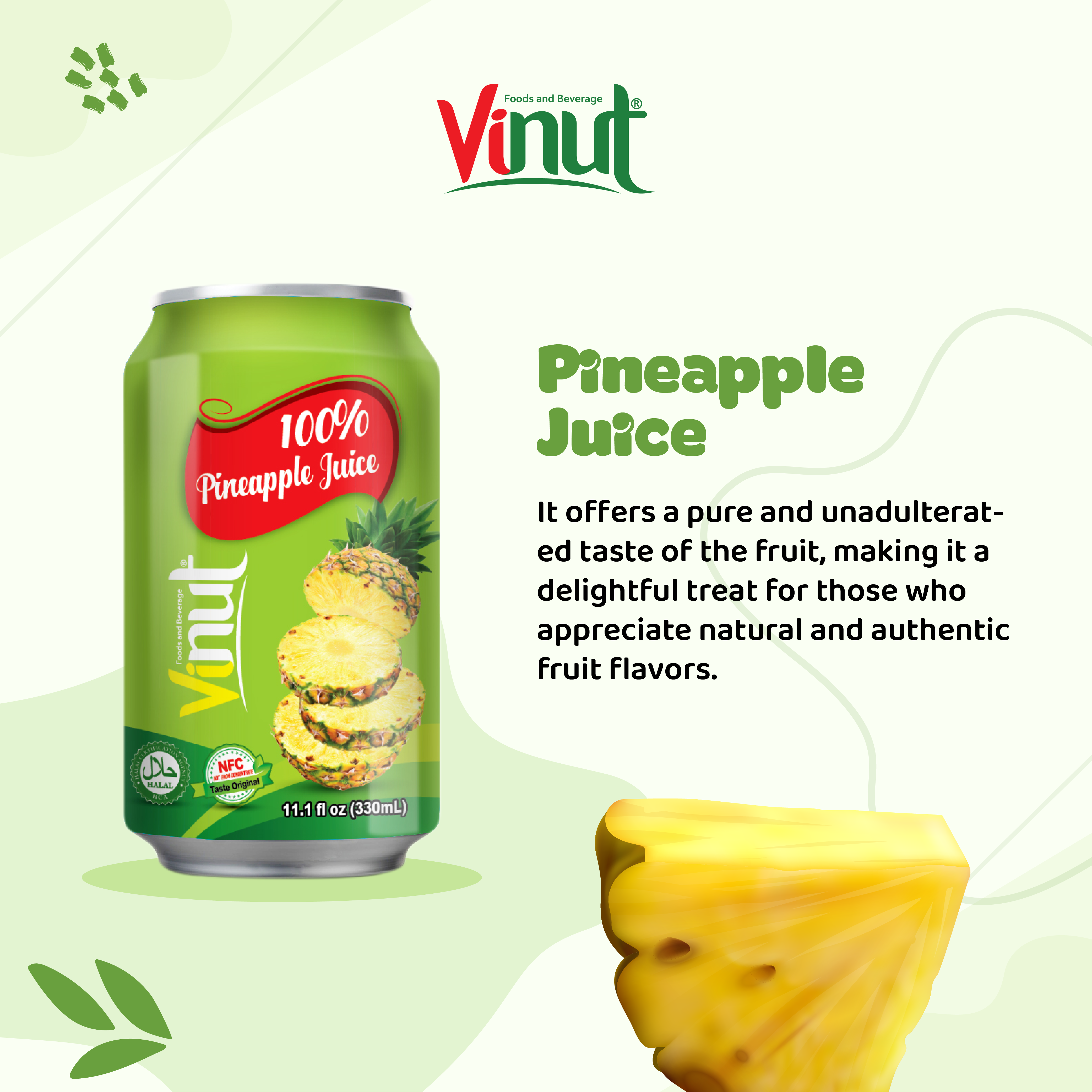 Hot drink Vinut 330ml 100% Pineapple juice never from concentrate (NFC juice) from a factory Viet Nam (OEM, ODM)