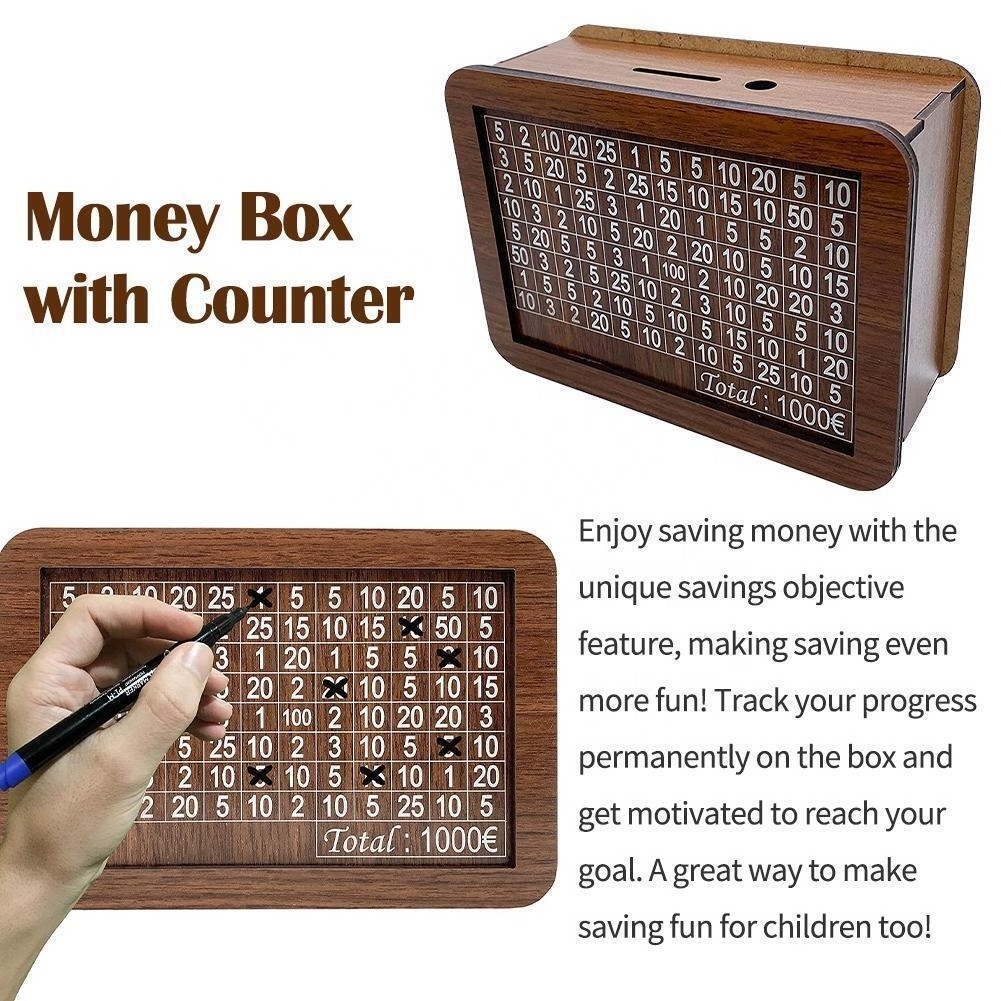 New Arrival Creative Coin cash storage Money Safe Box with Counter Wooden Piggy Bank Money Saving Box for Kids