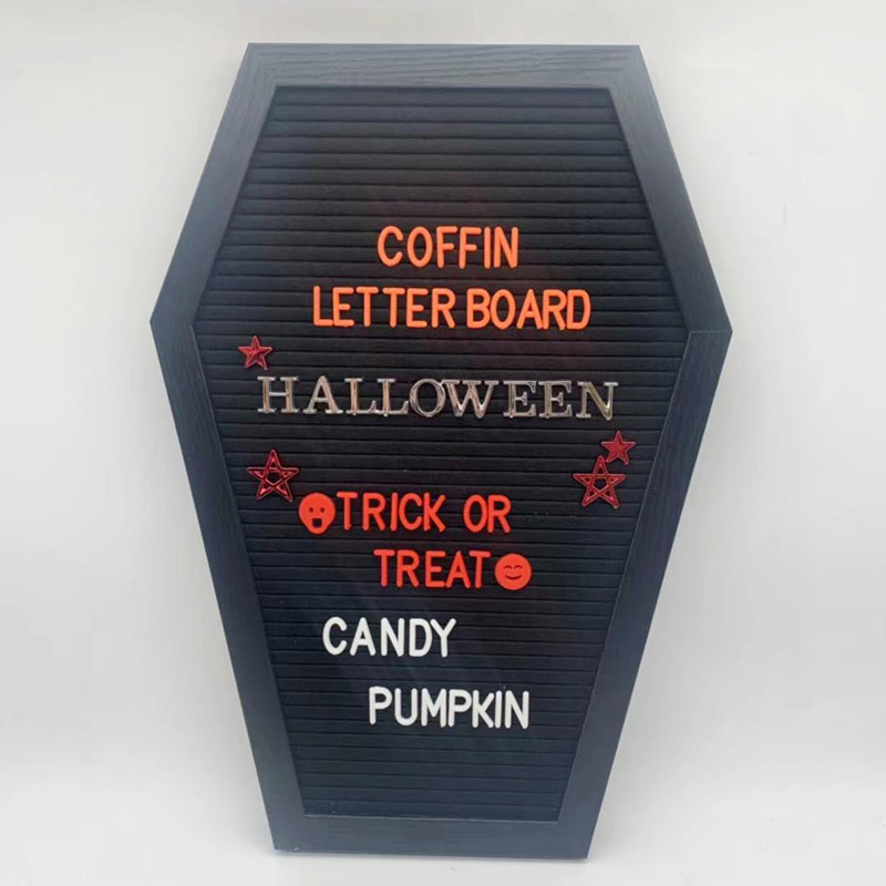 Hot Sale Spooky Halloween Decoration Black Felt Message Goth Room Changeable Characters Wooden Frame Coffin Felt letter boards