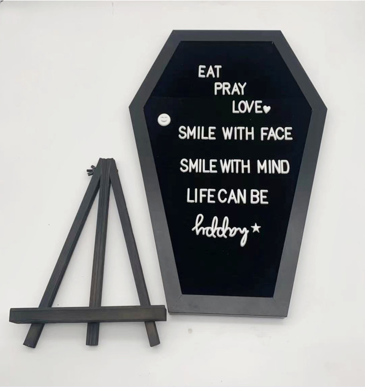 Hot Sale Spooky Halloween Decoration Black Felt Message Goth Room Changeable Characters Wooden Frame Coffin Felt letter boards