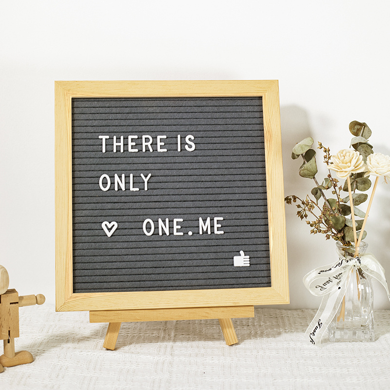 10x10 Inch Changeable Wooden Letter Message Board with Letters and Numbers Wood Stand Keepsake Removable Grey Felt Letter Board